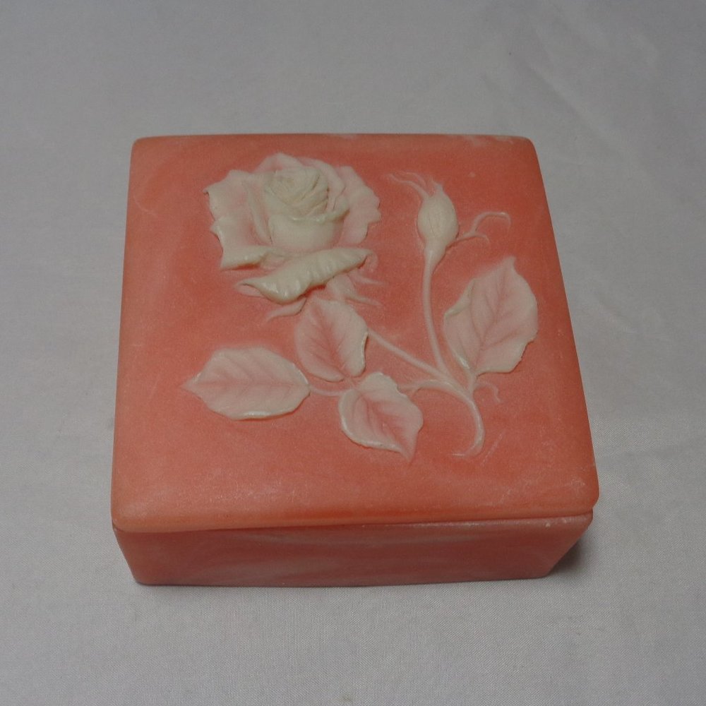 Design Gifts Soapstone Pink w/ White Rose Square Jewelry Trinket Box